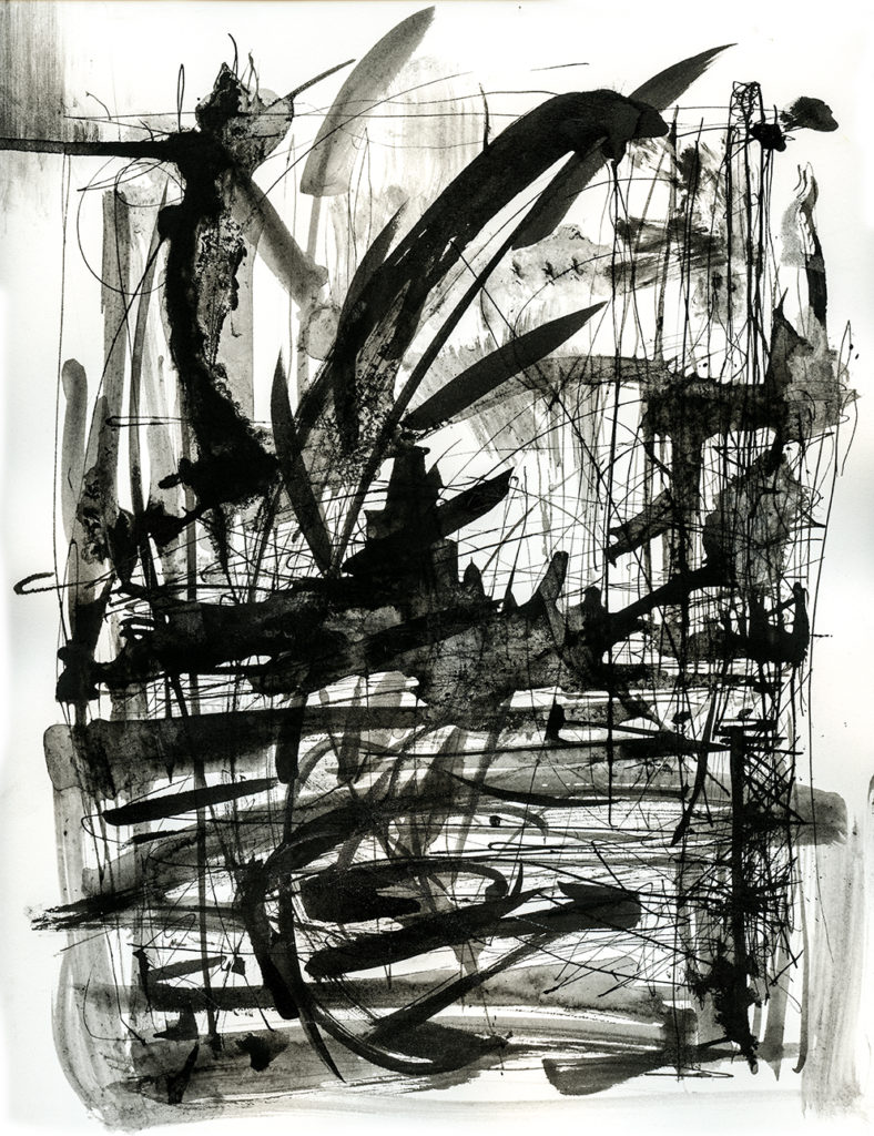 PORT PIECES: Abstract Ink landscape, Indian ink on Arches watercolour paper, Ella Johnston
