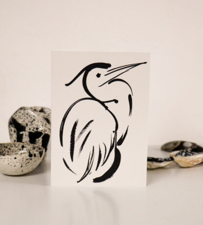 Egret black and white greeting card, Ella Johnston